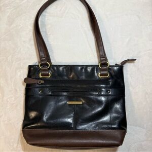 Stone & Co Leather Tote Shoulder Bag Black Brown Zip Top